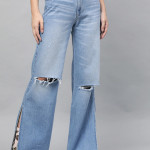 Women Blue Flared Mid-Rise Slash Knee Stretchable Jeans