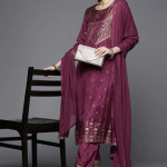 Women Burgundy Ethnic Motifs Printed Kurta with Trousers & With Dupatta