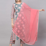 Women's Cotton Blend Printed Straight Kurta with Pant & Dupatta