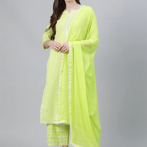 Women's Cotton Blend Staright Kurta with Palazzo & Dupatta