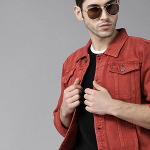 Men Orange Solid Denim Jacket