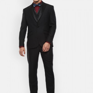 Men Black Self-Design Slim-Fit Three Piece Suit