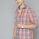 Men Peach-Coloured Tartan Checks Casual Shirt